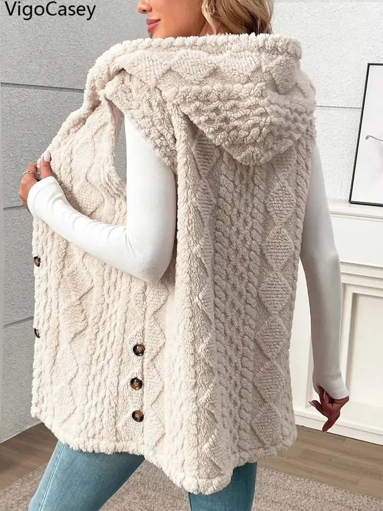 VigoCasey 2026 Casual Sleeveless Thick Vest Coat Woman Solid Hooded Warm Plush Waistcoat Lady Autumn Winter Apricot Vest Jacket - Image 4