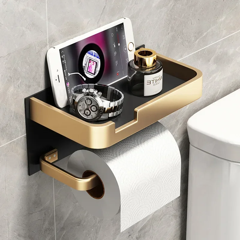 Black Gold Toilet Paper Holder Bathroom Wall Mount Multifunction WC Paper Phone Holder Shelf Towel Roll Shelf Accessories - Image 2