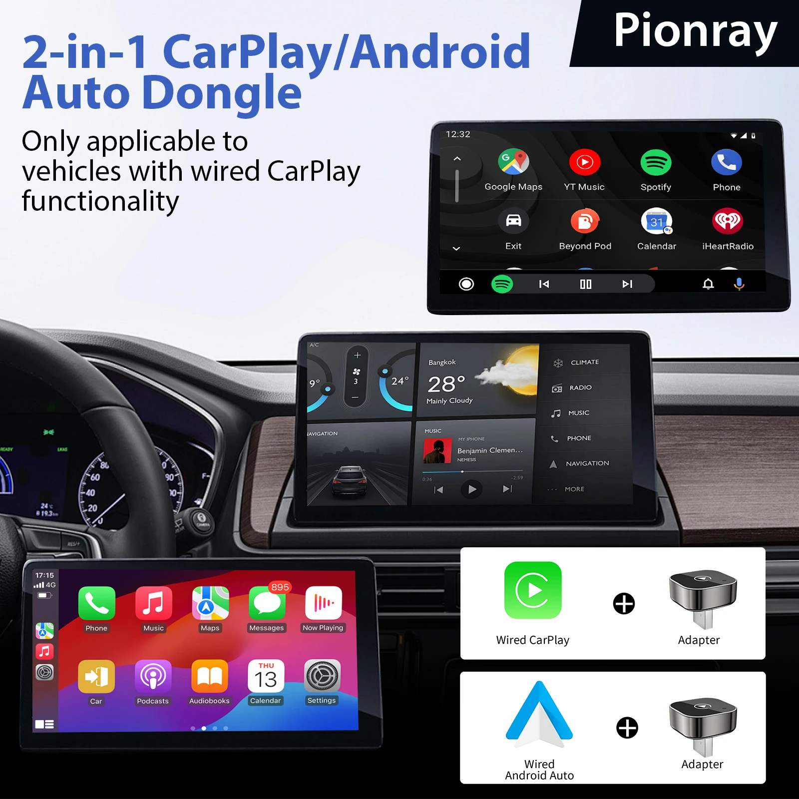 2026 Pionray 2 in 1 Wireless CarPlay Adapter&Android Auto Wireless Adapter, 5Ghz WiFi Type-C/USB Plug Play CarPlay Wireless - Image 4