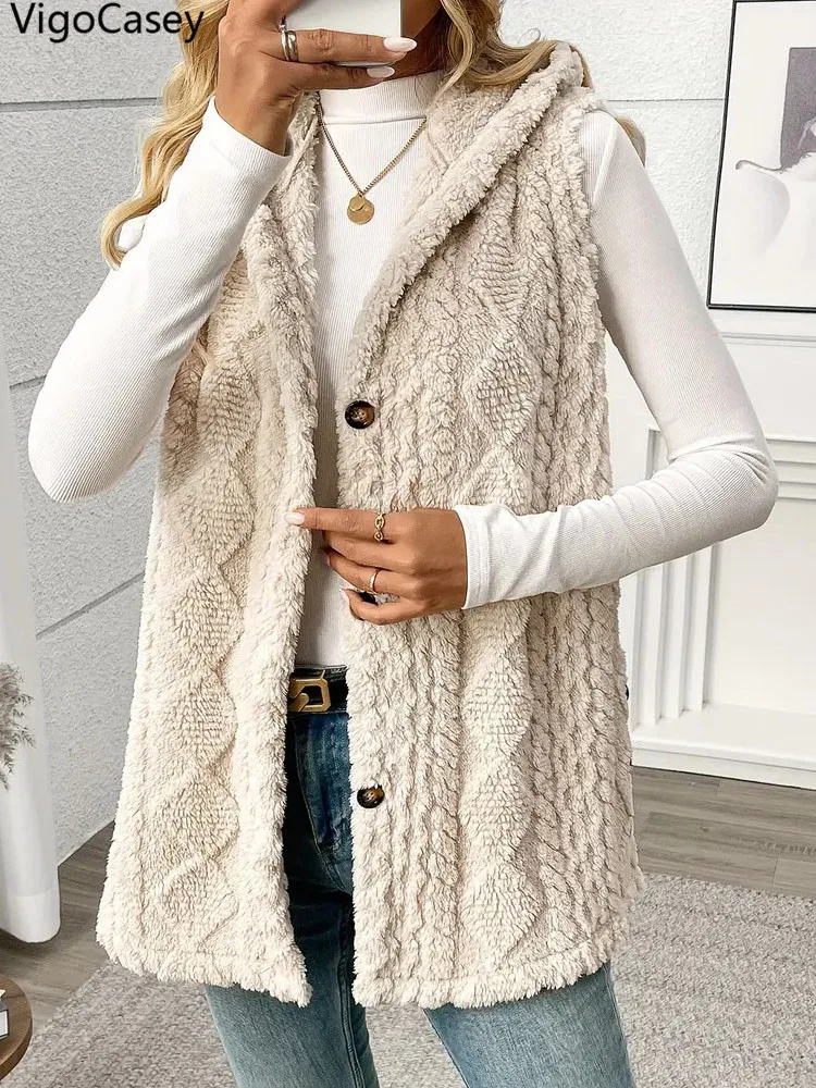 VigoCasey 2026 Casual Sleeveless Thick Vest Coat Woman Solid Hooded Warm Plush Waistcoat Lady Autumn Winter Apricot Vest Jacket - Image 5