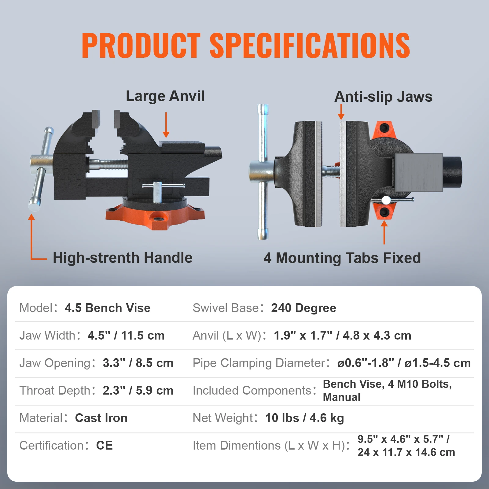 SucceBuy Bench Vise 4.5" Multipurpose with Swivel Base Anvil Heavy Duty Cast Iron for Drilling, Conduit Cutting, Sanding - Image 9