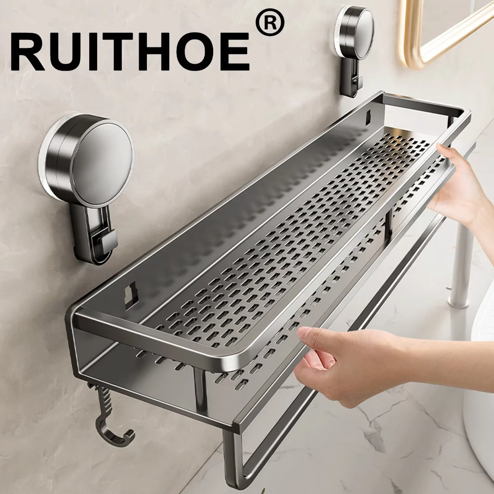 Space Aluminum Suction Cup Bathroom Rack No-punch Wall Mount Shower Storage Shelf Large Capacity Strong Load-bearing