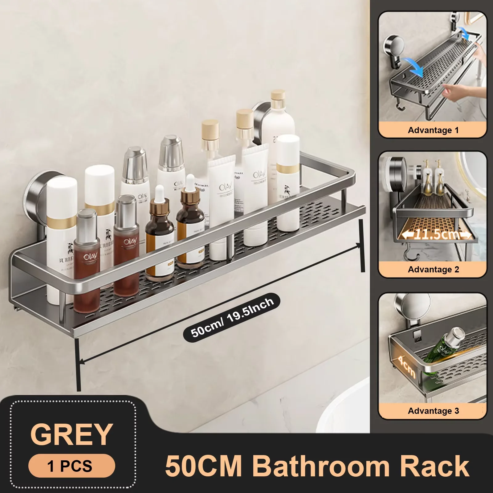 Space Aluminum Suction Cup Bathroom Rack No-punch Wall Mount Shower Storage Shelf Large Capacity Strong Load-bearing - Image 9
