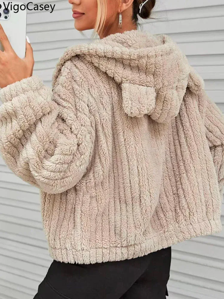 VigoCasey 2026 Women Autumn Zipper Jacket Khaki Long Sleeve Thick Plush Warm Coat Winter Soft Lady Loose Hooded Short Coat - Image 5