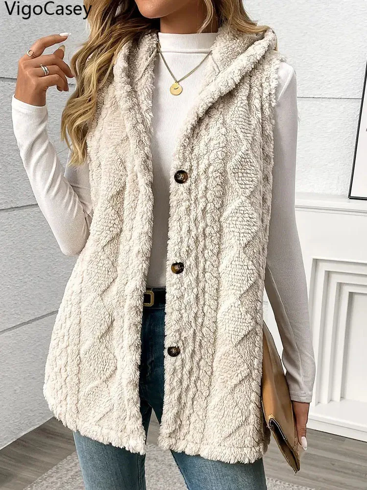 VigoCasey 2026 Casual Sleeveless Thick Vest Coat Woman Solid Hooded Warm Plush Waistcoat Lady Autumn Winter Apricot Vest Jacket - Image 2