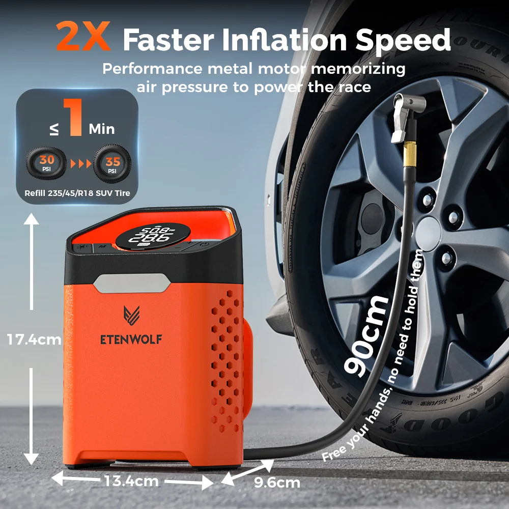 ETENWOLF ZEPHYR V3 Portable Car Compressor 160 PSI 100% Duty Cycle Car Tire Inflator 7800mAh For Cars Motorcycles Bicycles Balls - Image 2