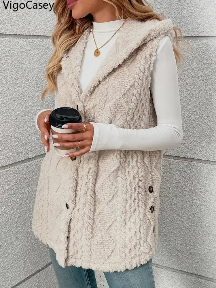 VigoCasey 2026 Casual Sleeveless Thick Vest Coat Woman Solid Hooded Warm Plush Waistcoat Lady Autumn Winter Apricot Vest Jacket - Image 3