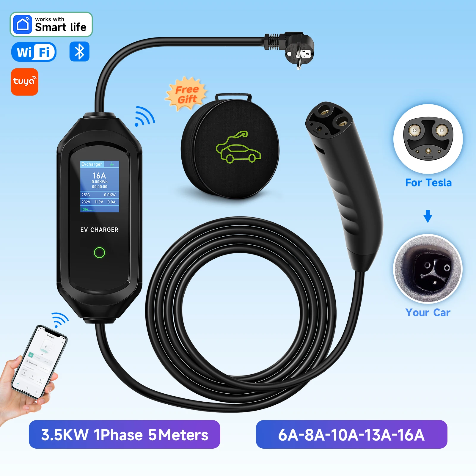 3.5KW Portable EV Charger for Tesla Model 3/X/Y/S 7KW Electric Car Charger NACS Fast Charging Cable WiFi APP Bluetooth Control - Image 7
