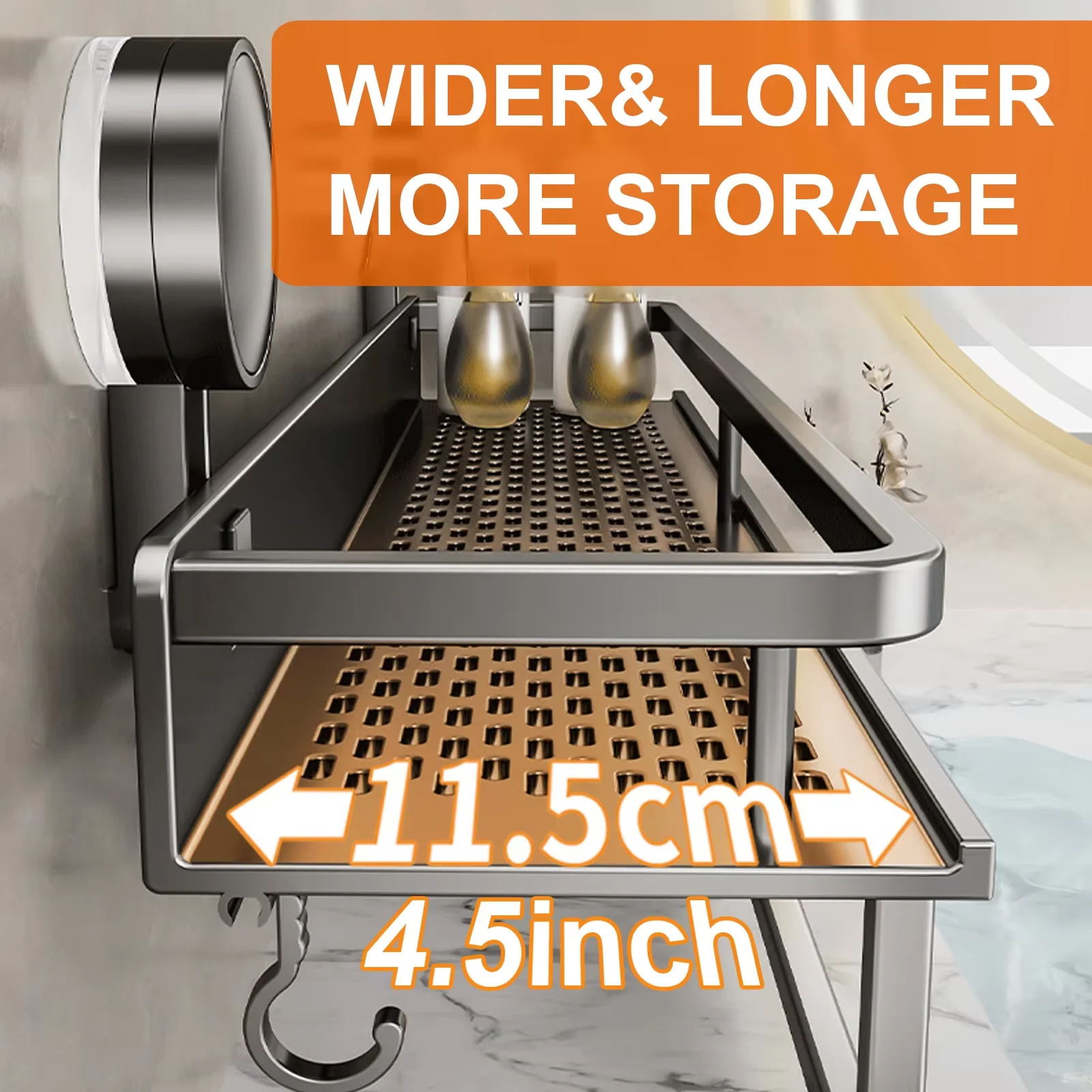 Space Aluminum Suction Cup Bathroom Rack No-punch Wall Mount Shower Storage Shelf Large Capacity Strong Load-bearing - Image 3
