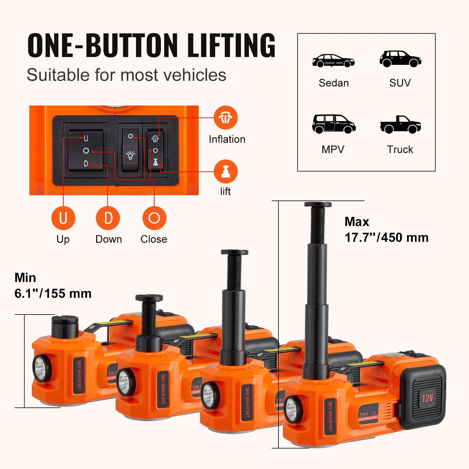 VEVOR 5 Ton Electric Car Jack 11023 LBS Hydraulic Jack Lift Portable Car Jack for SUV MPV Sedan Truck Change Tires Garage Repair - Image 3