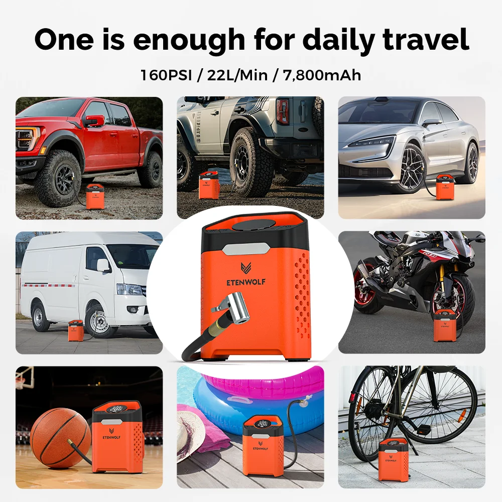 ETENWOLF ZEPHYR V3 Portable Car Compressor 160 PSI 100% Duty Cycle Car Tire Inflator 7800mAh For Cars Motorcycles Bicycles Balls - Image 6